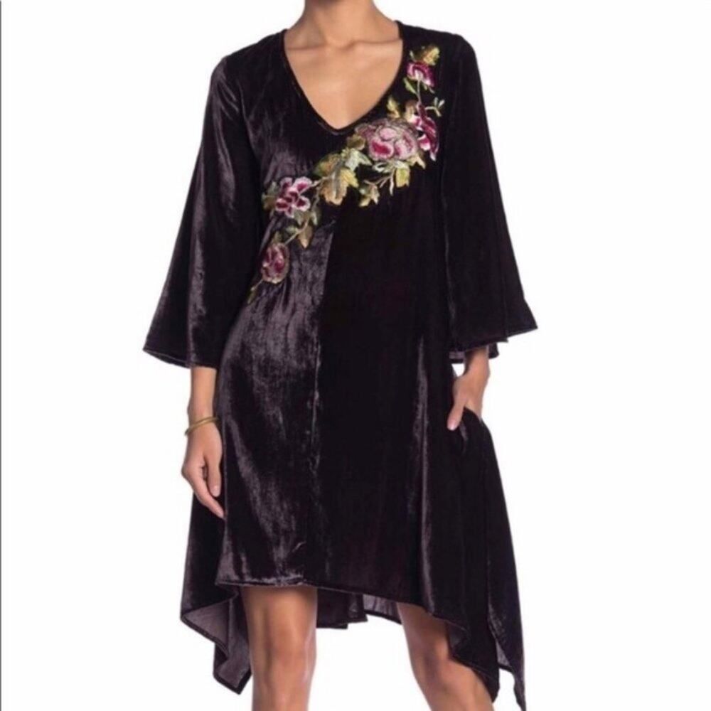 Aratta Plum Velvet Embroidered Bell sleeve Boho Dress XS